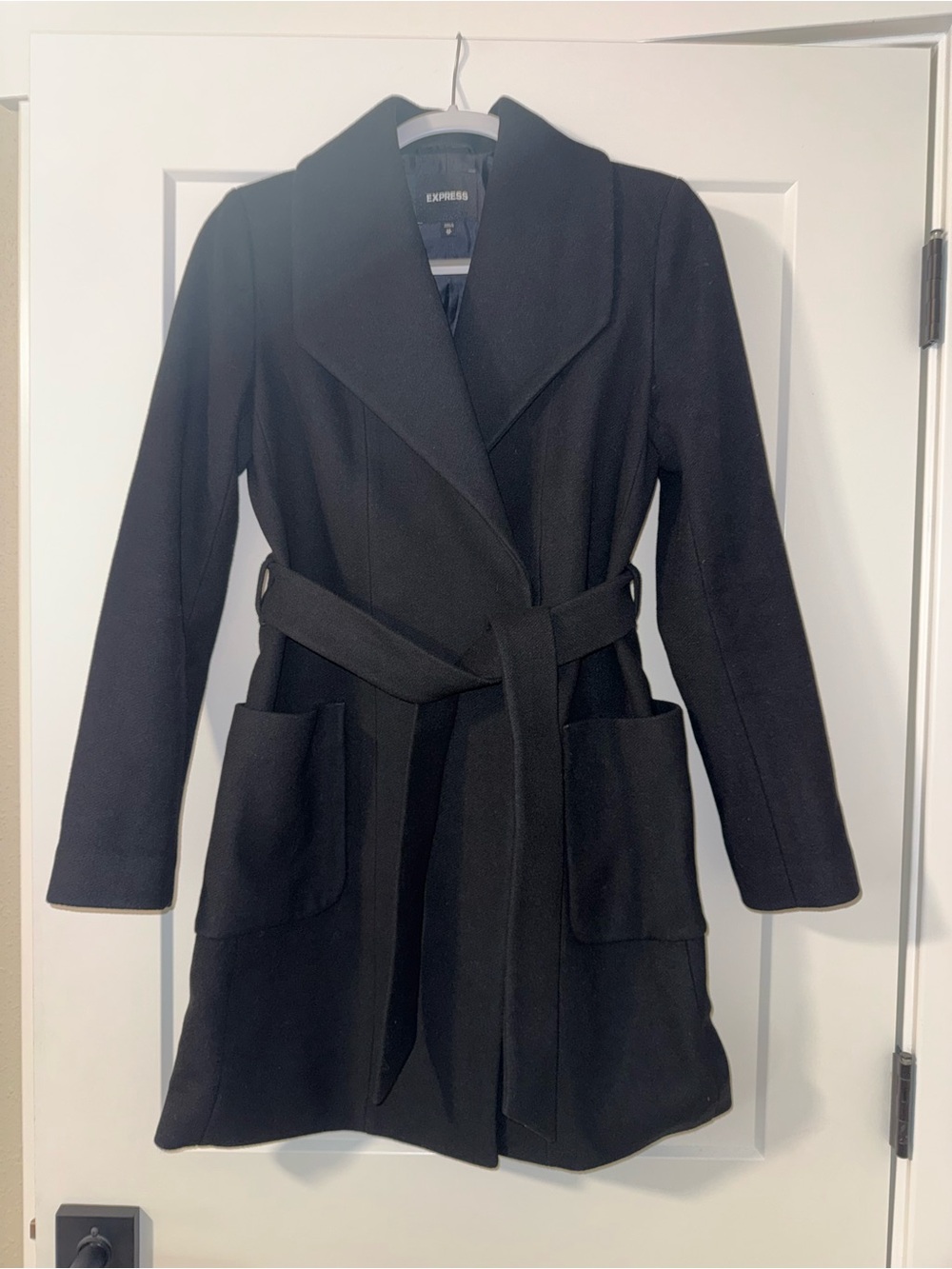 Express Black Belted Wool-Blend Trench Coat